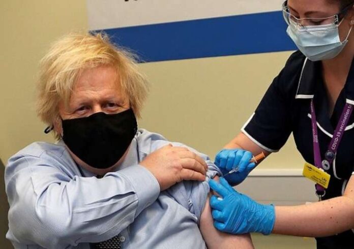 Boris Johnson, the Prime Minister of the United Kingdom, receives the first dose of the AstraZeneca COVID-19 vaccine.