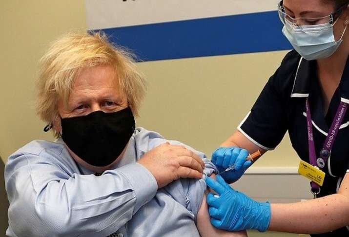 Boris Johnson, the Prime Minister of the United Kingdom, receives the first dose of the AstraZeneca COVID-19 vaccine.