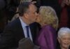 Jill Biden offers Kamala Harris' husband a kiss during a significant moment in the "Smooch of Union"
